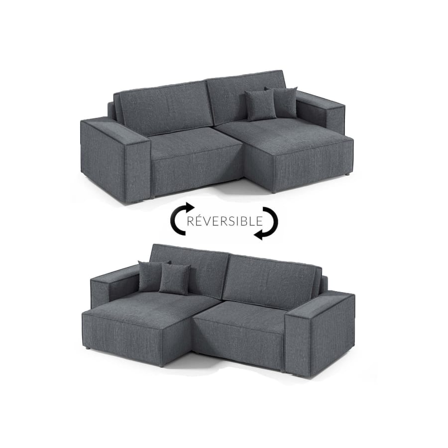 Canapé d'angle convertible et réversible avec coffre en velours côtelé gris anthracite